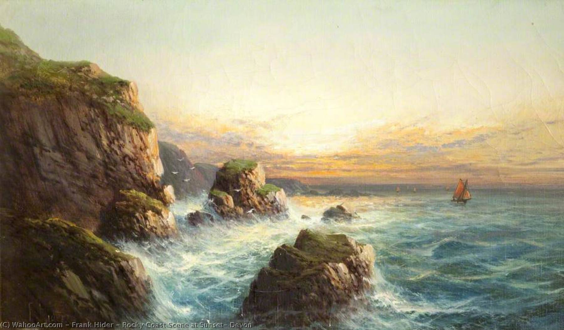 Wikioo.org - The Encyclopedia of Fine Arts - Painting, Artwork by Frank Hider - Rocky Coast Scene at Sunset, Devon
