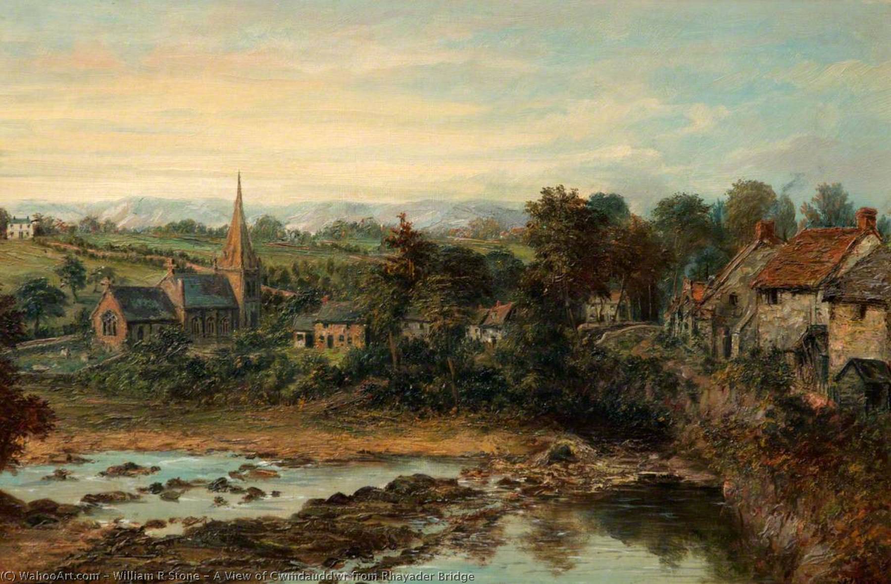 Wikioo.org - The Encyclopedia of Fine Arts - Painting, Artwork by William R Stone - A View of Cwmdauddwr from Rhayader Bridge