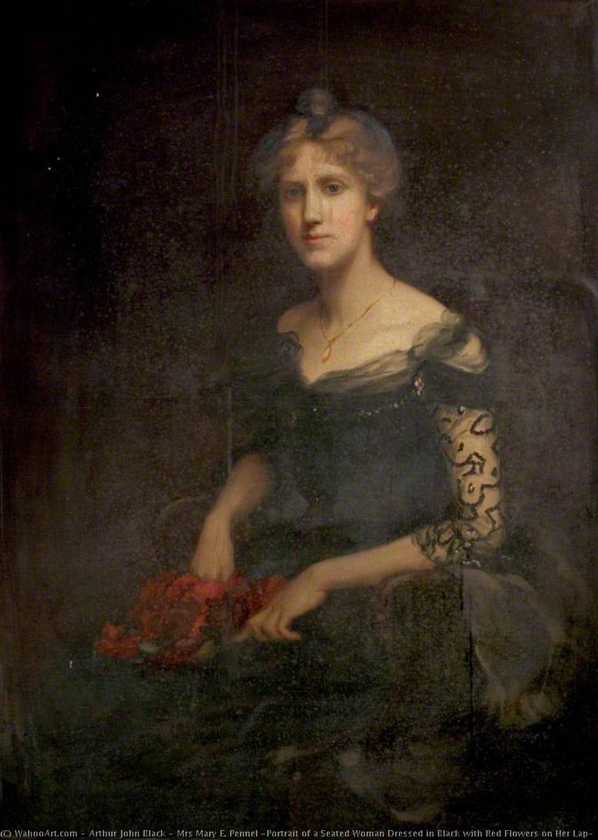 Wikioo.org - The Encyclopedia of Fine Arts - Painting, Artwork by Arthur John Black - Mrs Mary E. Pennel (Portrait of a Seated Woman Dressed in Black with Red Flowers on Her Lap)