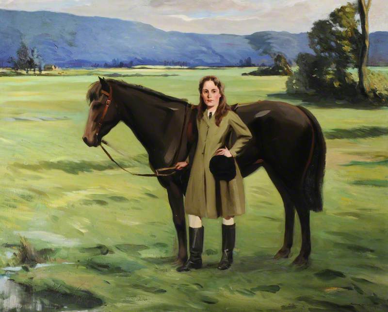 Wikioo.org - The Encyclopedia of Fine Arts - Painting, Artwork by Bernard Adams - A Girl Holding a Brown Pony in a Field