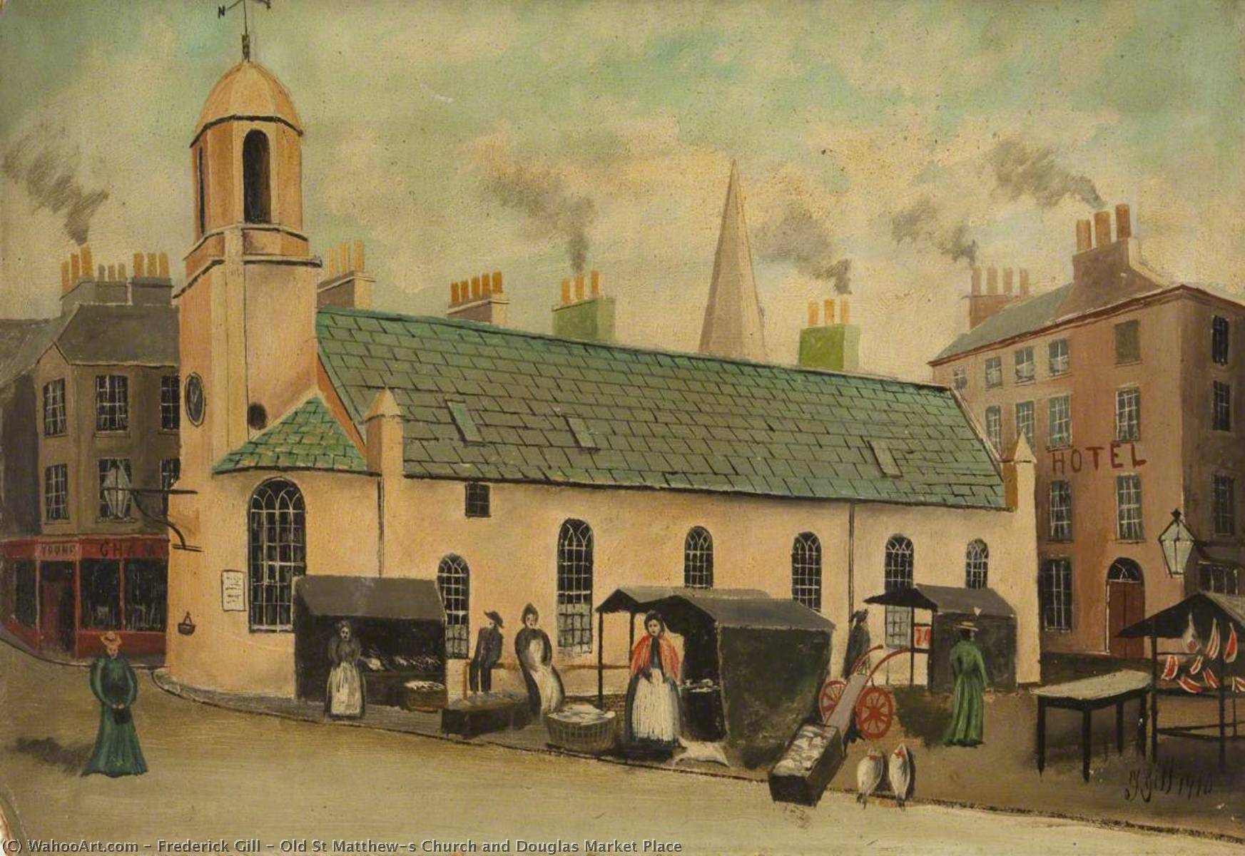 Wikioo.org - The Encyclopedia of Fine Arts - Painting, Artwork by Frederick Gill - Old St Matthew's Church and Douglas Market Place