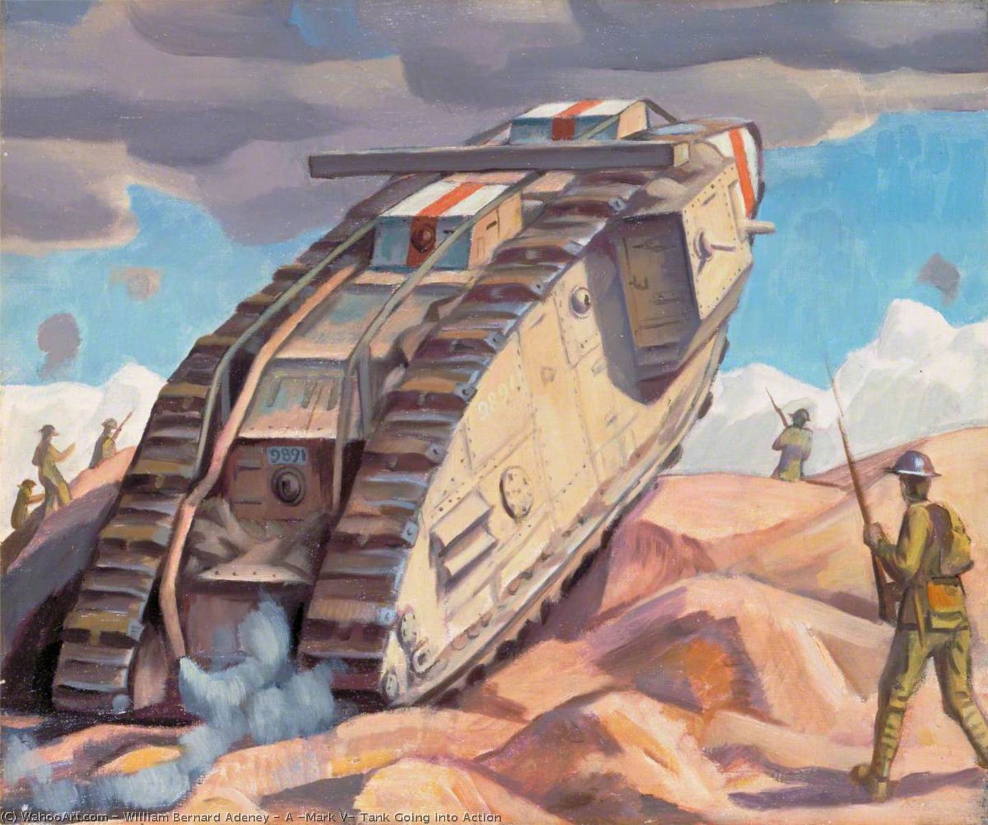 Wikioo.org - The Encyclopedia of Fine Arts - Painting, Artwork by William Bernard Adeney - A 'Mark V' Tank Going into Action