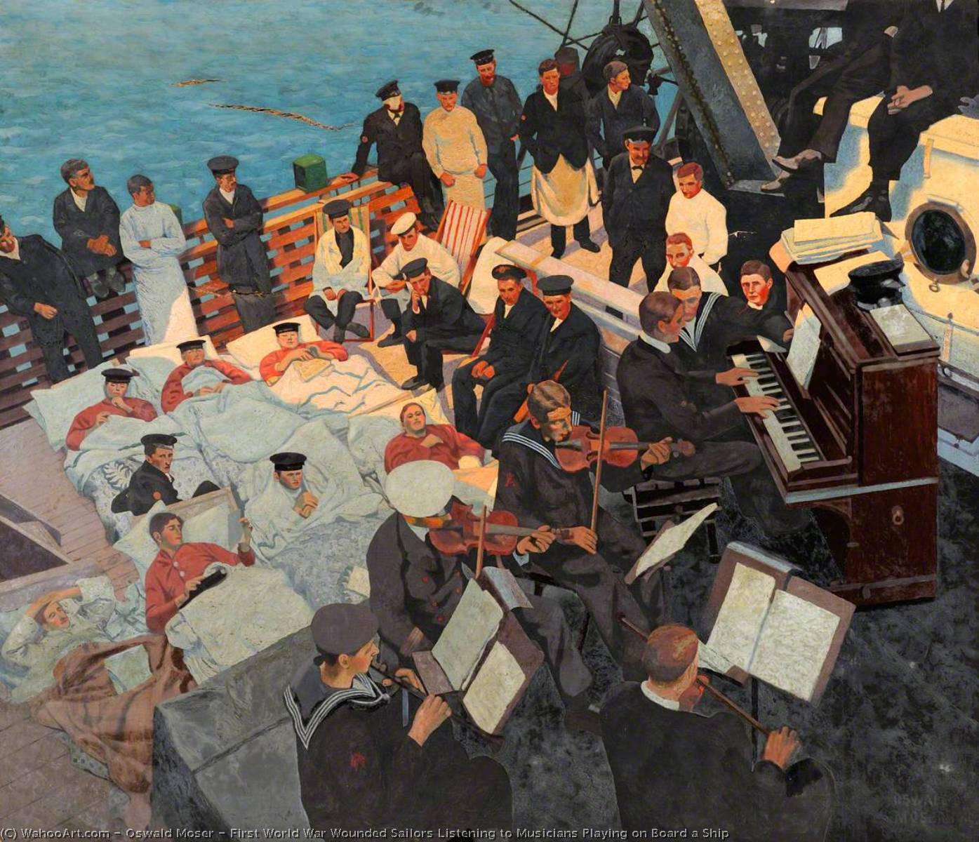 WikiOO.org - Enciklopedija likovnih umjetnosti - Slikarstvo, umjetnička djela Oswald Moser - First World War Wounded Sailors Listening to Musicians Playing on Board a Ship