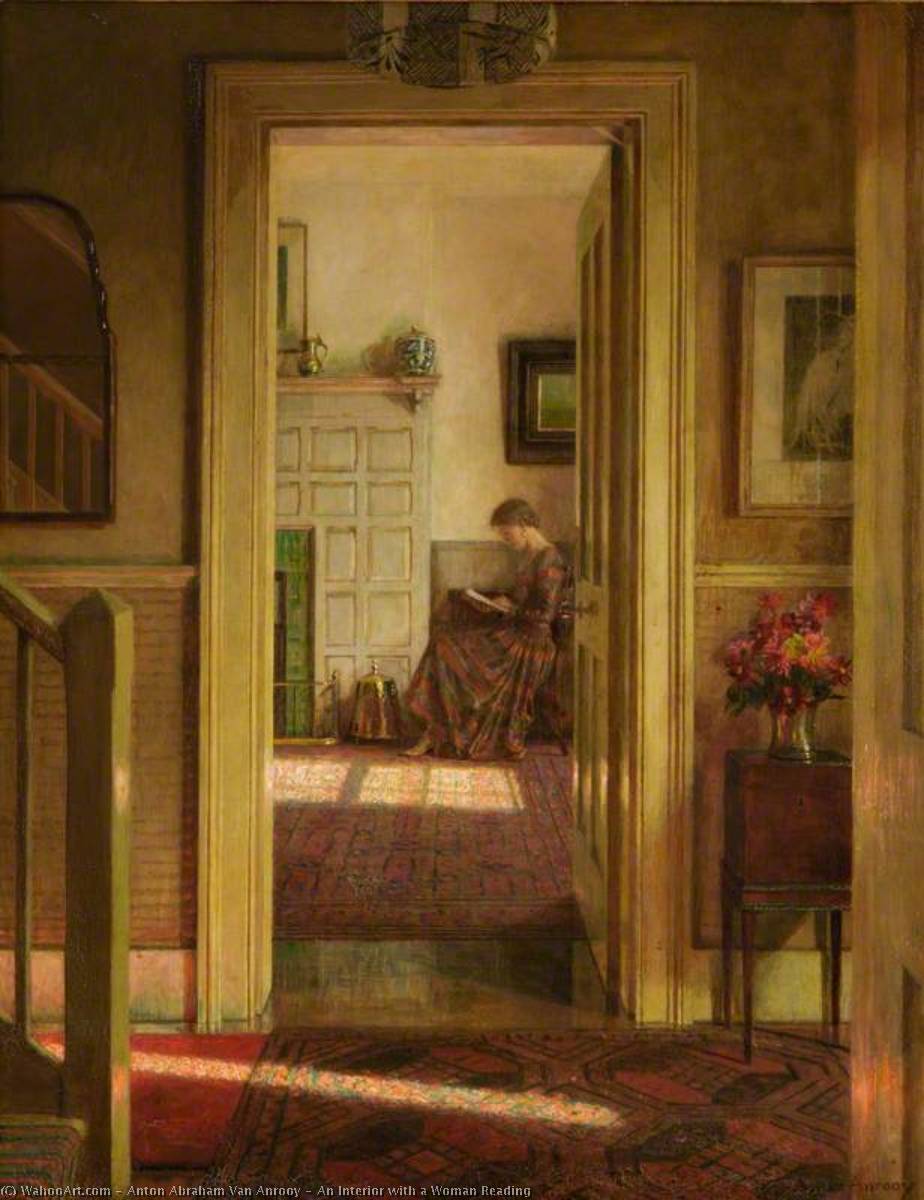 Wikioo.org – L'Encyclopédie des Beaux Arts - Peinture, Oeuvre de Anton Abraham Van Anrooy - une intérieur avec une femme lecture