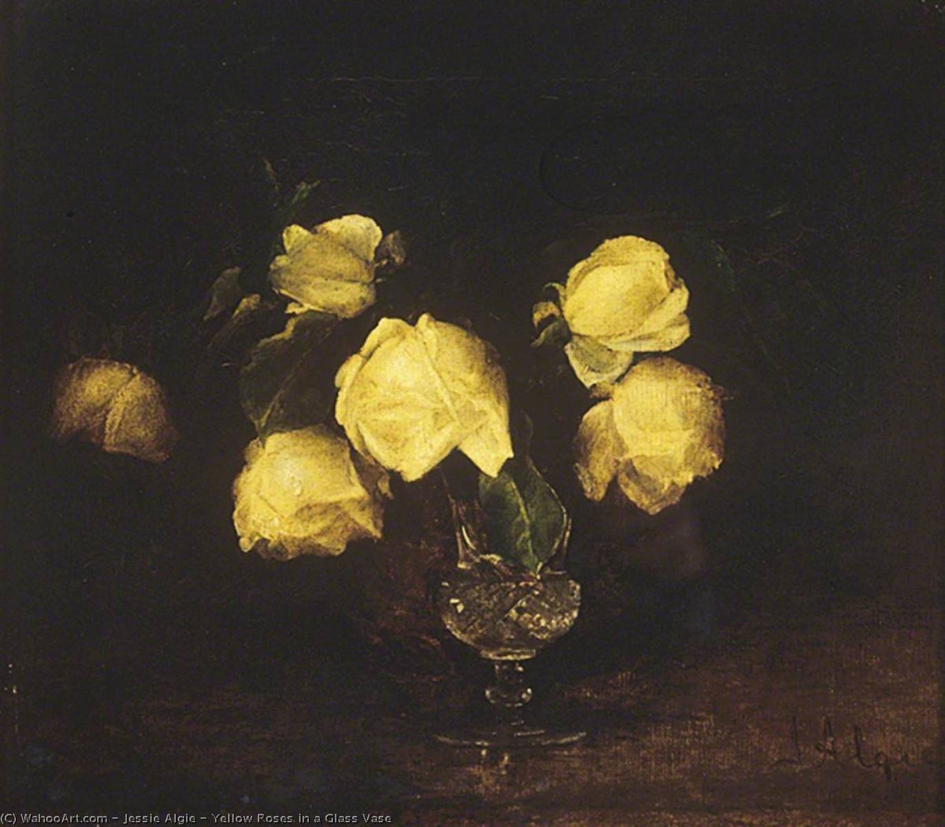 WikiOO.org - Enciklopedija dailės - Tapyba, meno kuriniai Jessie Algie - Yellow Roses in a Glass Vase