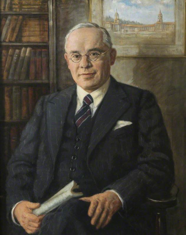 Wikioo.org - The Encyclopedia of Fine Arts - Painting, Artwork by Katharine Constance Lloyd - The Right Honourable Jan Hendrik Hofmeyer, PC (Rhodes Scholar 1913–1916), a Portrait of Greenwich Hospital behind Him