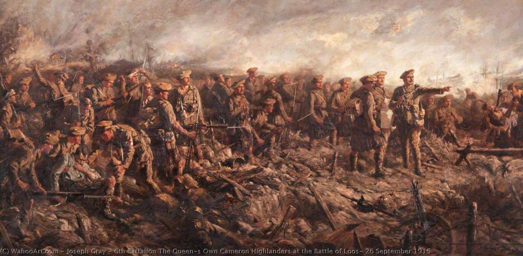 Wikioo.org - The Encyclopedia of Fine Arts - Painting, Artwork by Joseph Gray - 6th Battalion The Queen's Own Cameron Highlanders at the Battle of Loos, 26 September 1915
