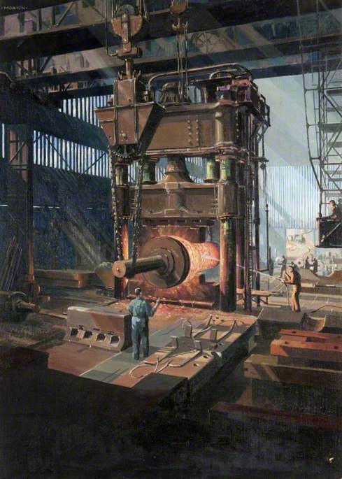 Wikioo.org - The Encyclopedia of Fine Arts - Painting, Artwork by Cavendish Morton - Steam Hammer and Ingot, Beardmore Forge, Glasgow