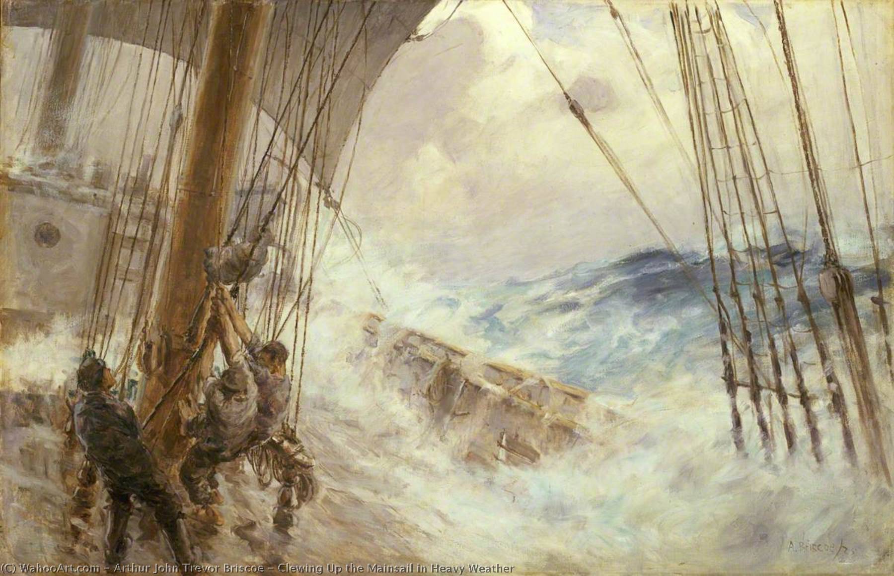 Wikioo.org - The Encyclopedia of Fine Arts - Painting, Artwork by Arthur John Trevor Briscoe - Clewing Up the Mainsail in Heavy Weather