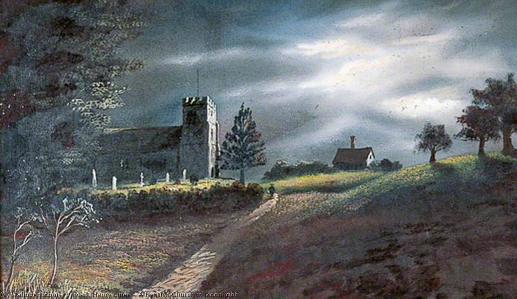 Wikioo.org - The Encyclopedia of Fine Arts - Painting, Artwork by Vincent Henry Lines - A Kentish Church in Moonlight