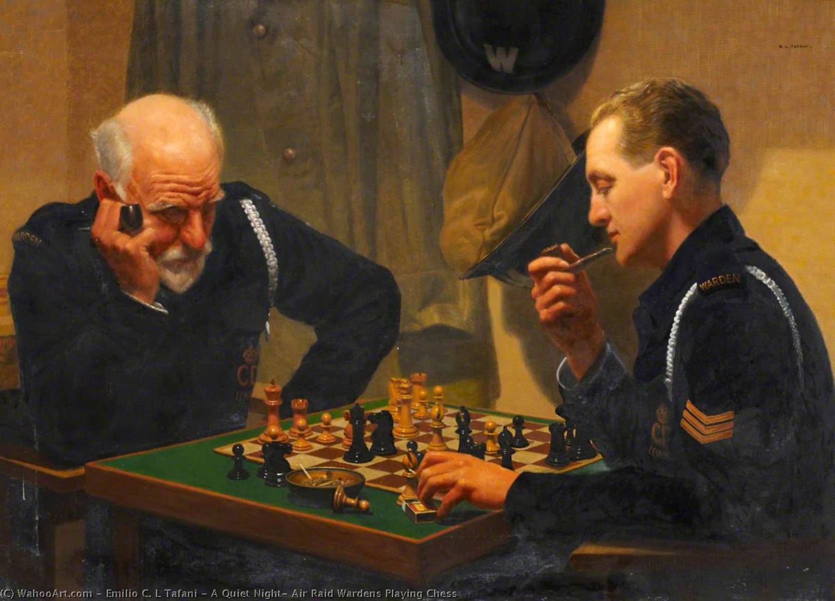 Wikioo.org - The Encyclopedia of Fine Arts - Painting, Artwork by Emilio C. L Tafani - A Quiet Night, Air Raid Wardens Playing Chess