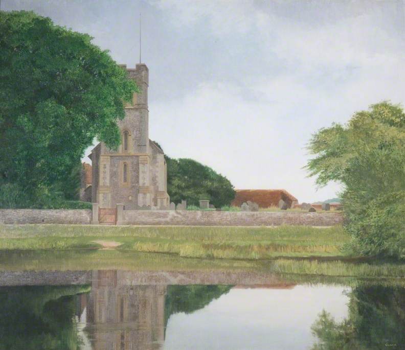 Wikioo.org - The Encyclopedia of Fine Arts - Painting, Artwork by Hannah Gluckstein - The Village Church and Pond, Falmer, Sussex
