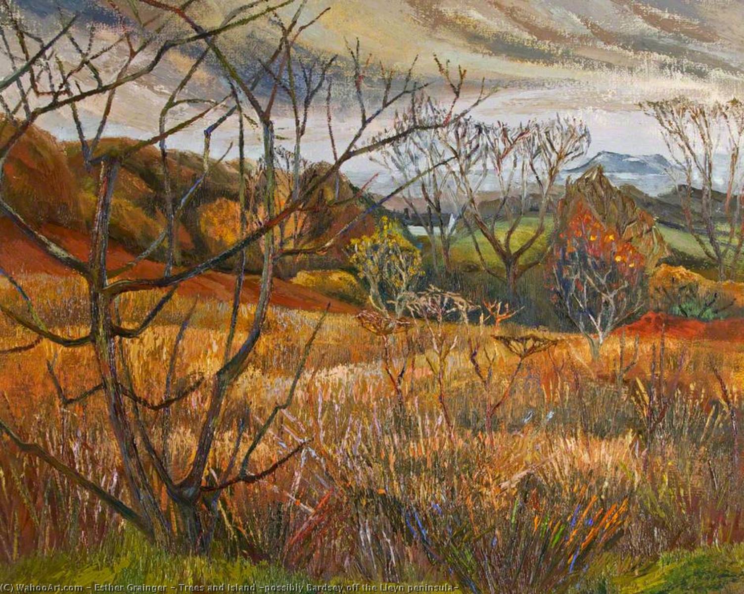 Wikioo.org - The Encyclopedia of Fine Arts - Painting, Artwork by Esther Grainger - Trees and Island (possibly Bardsey off the Lleyn peninsula)