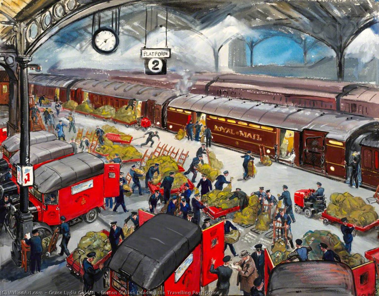 Wikioo.org - The Encyclopedia of Fine Arts - Painting, Artwork by Grace Lydia Golden - Euston Station Loading the Travelling Post Office