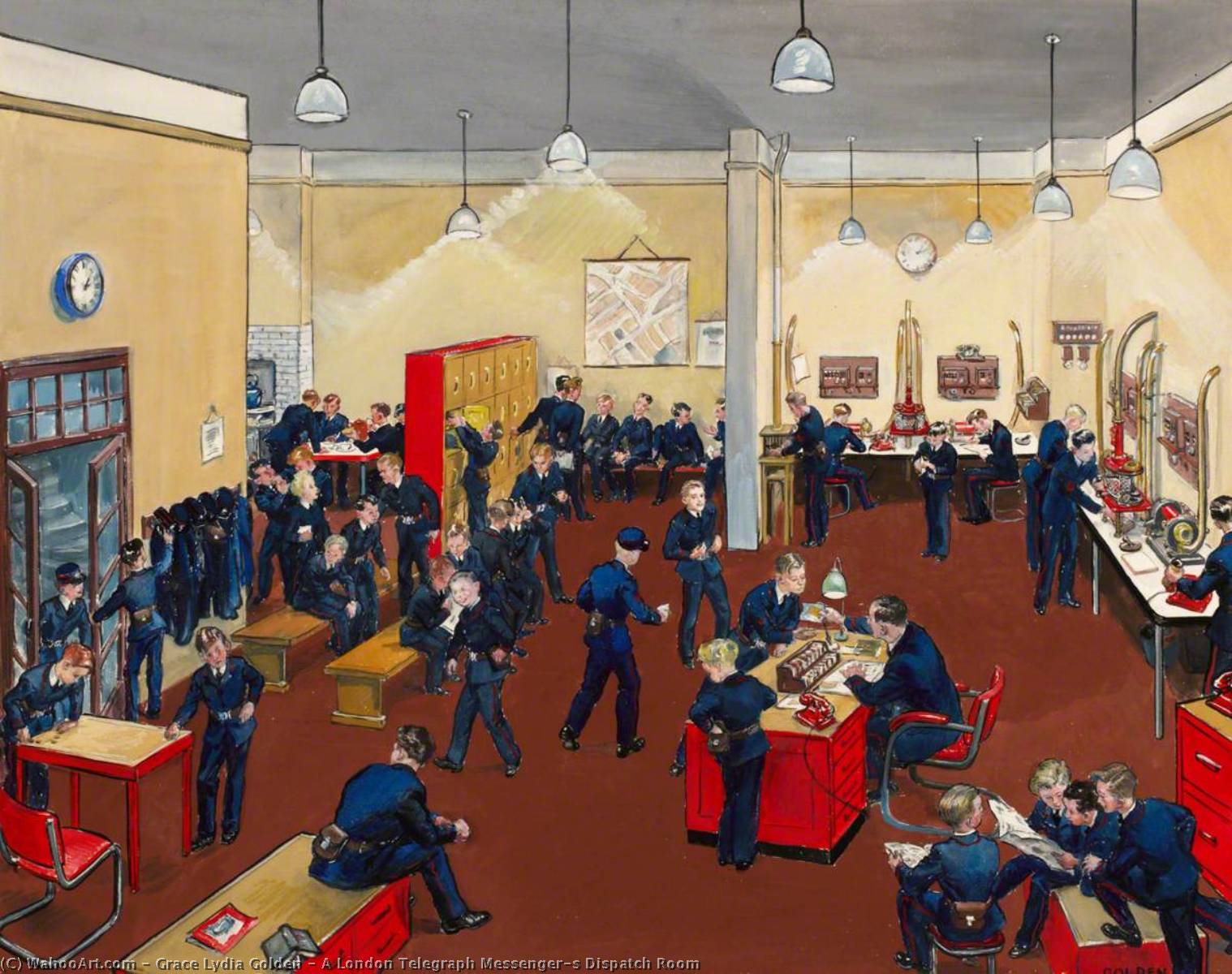 Wikioo.org - The Encyclopedia of Fine Arts - Painting, Artwork by Grace Lydia Golden - A London Telegraph Messenger's Dispatch Room