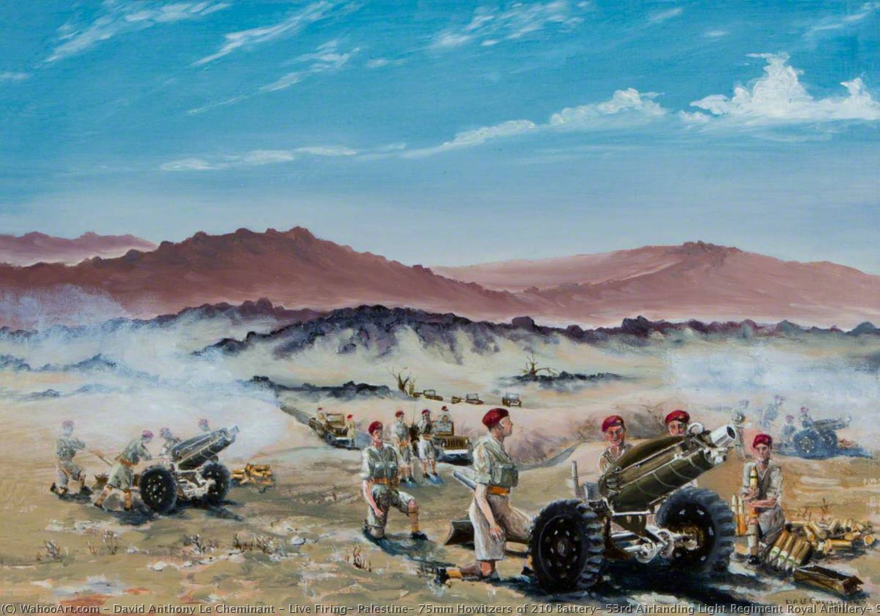 Wikioo.org - The Encyclopedia of Fine Arts - Painting, Artwork by David Anthony Le Cheminant - Live Firing, Palestine, 75mm Howitzers of 210 Battery, 53rd Airlanding Light Regiment Royal Artillery, September 1946