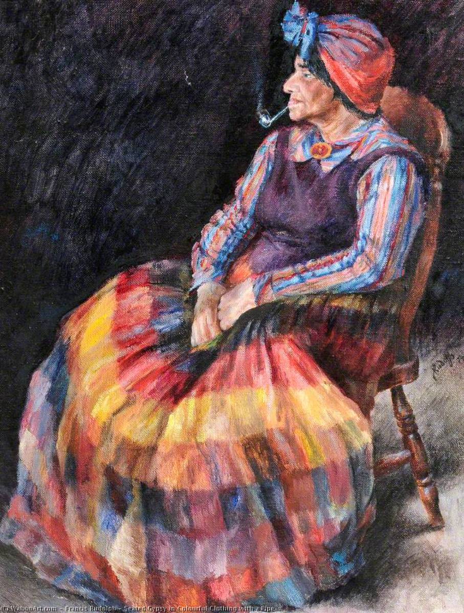 Wikioo.org - The Encyclopedia of Fine Arts - Painting, Artwork by Francis Rudolph - Seated Gypsy in Colourful Clothing with a Pipe