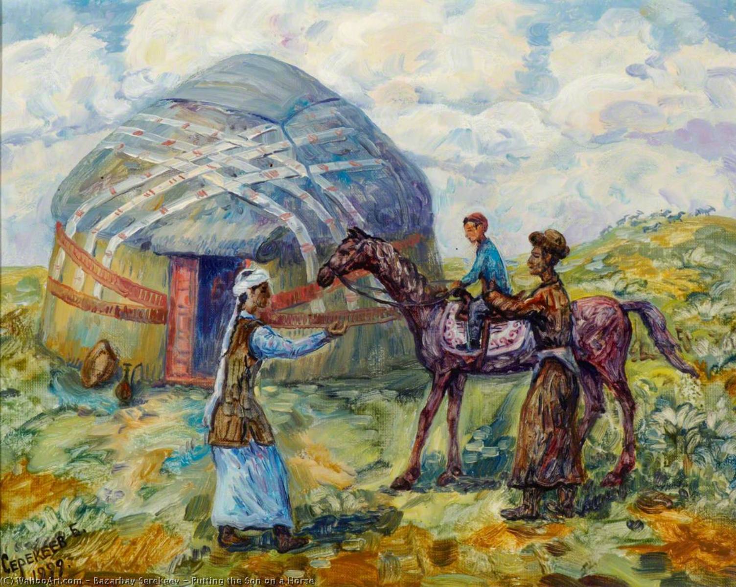 Wikioo.org - The Encyclopedia of Fine Arts - Painting, Artwork by Bazarbay Serekeev - Putting the Son on a Horse