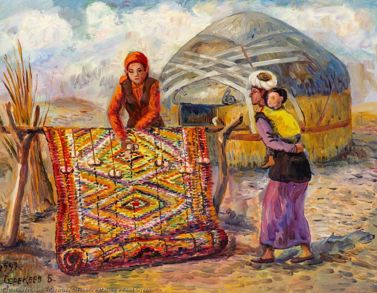 WikiOO.org - Encyclopedia of Fine Arts - Lukisan, Artwork Bazarbay Serekeev - Making a Reed Screen