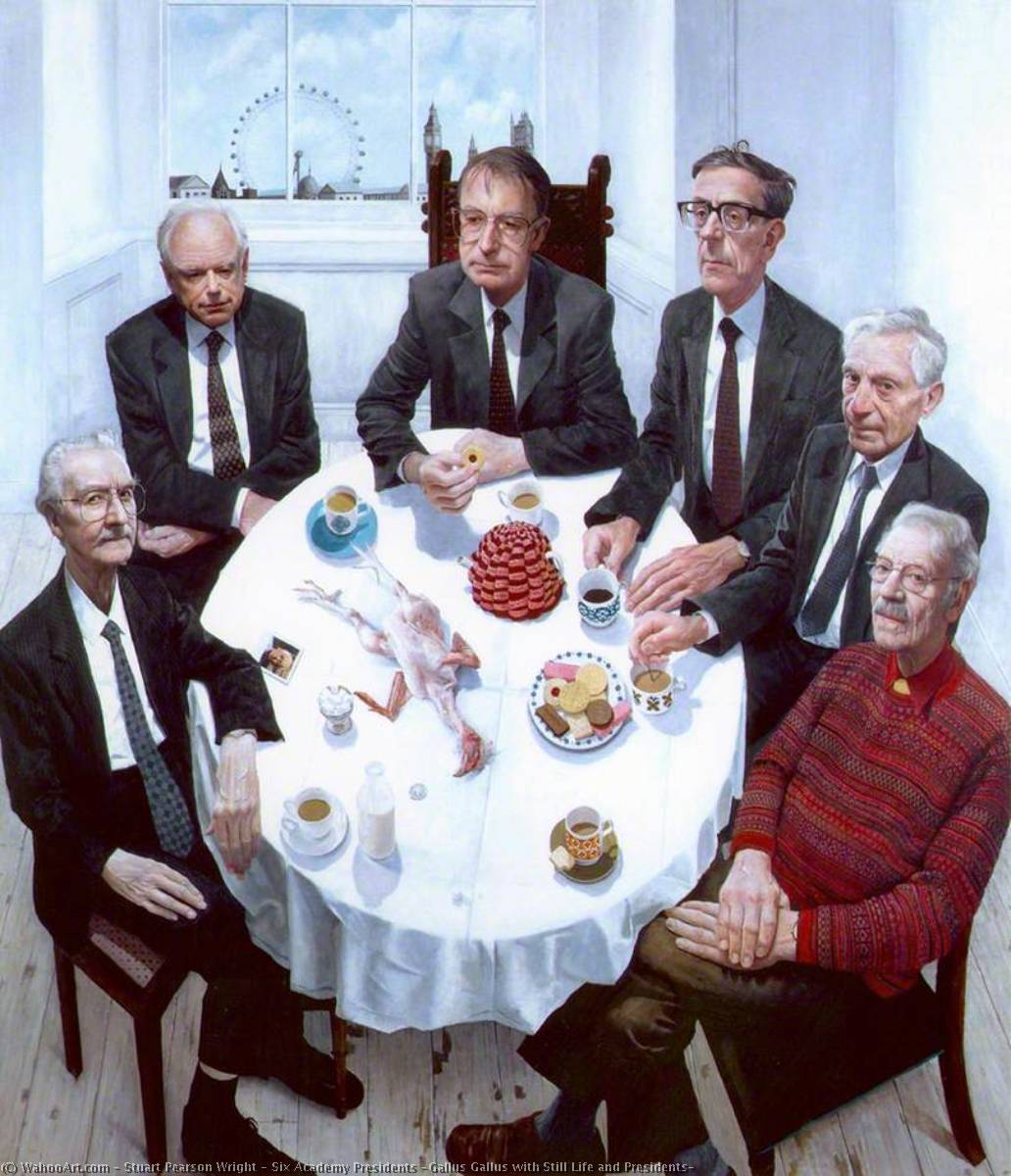 Wikioo.org - The Encyclopedia of Fine Arts - Painting, Artwork by Stuart Pearson Wright - Six Academy Presidents (Gallus Gallus with Still Life and Presidents)