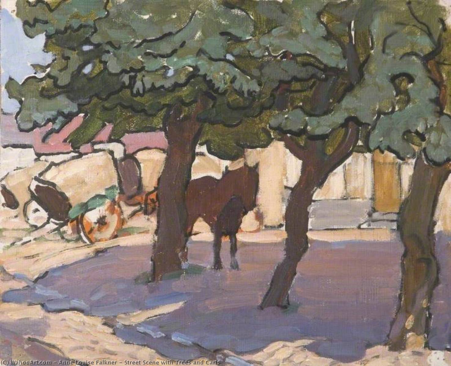 Wikioo.org - The Encyclopedia of Fine Arts - Painting, Artwork by Anne Louise Falkner - Street Scene with Trees and Carts