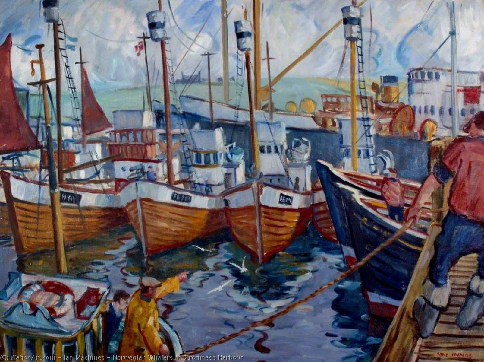 Wikioo.org - The Encyclopedia of Fine Arts - Painting, Artwork by Ian Macinnes - Norwegian Whalers in Stromness Harbour
