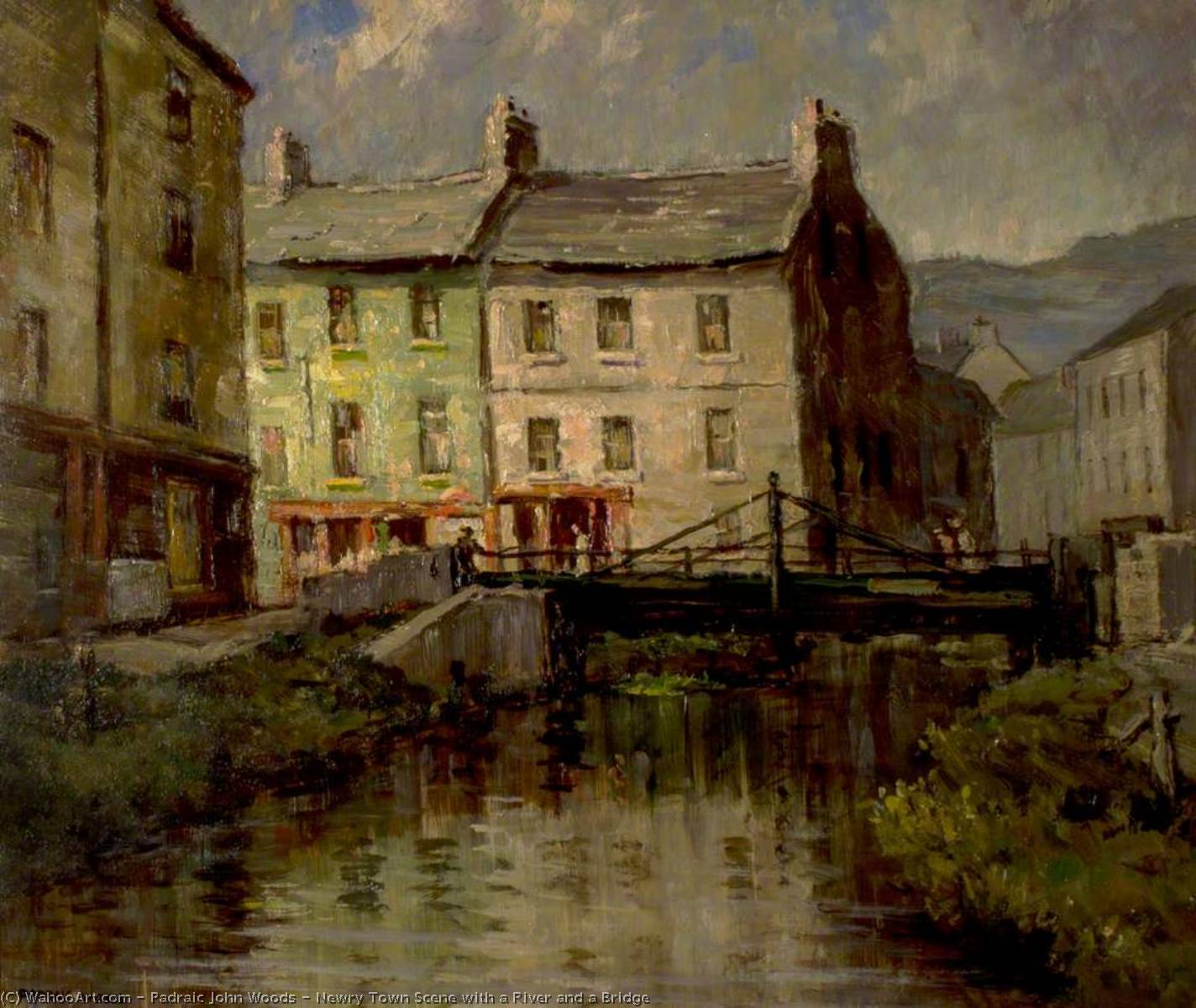 Wikioo.org - The Encyclopedia of Fine Arts - Painting, Artwork by Padraic John Woods - Newry Town Scene with a River and a Bridge
