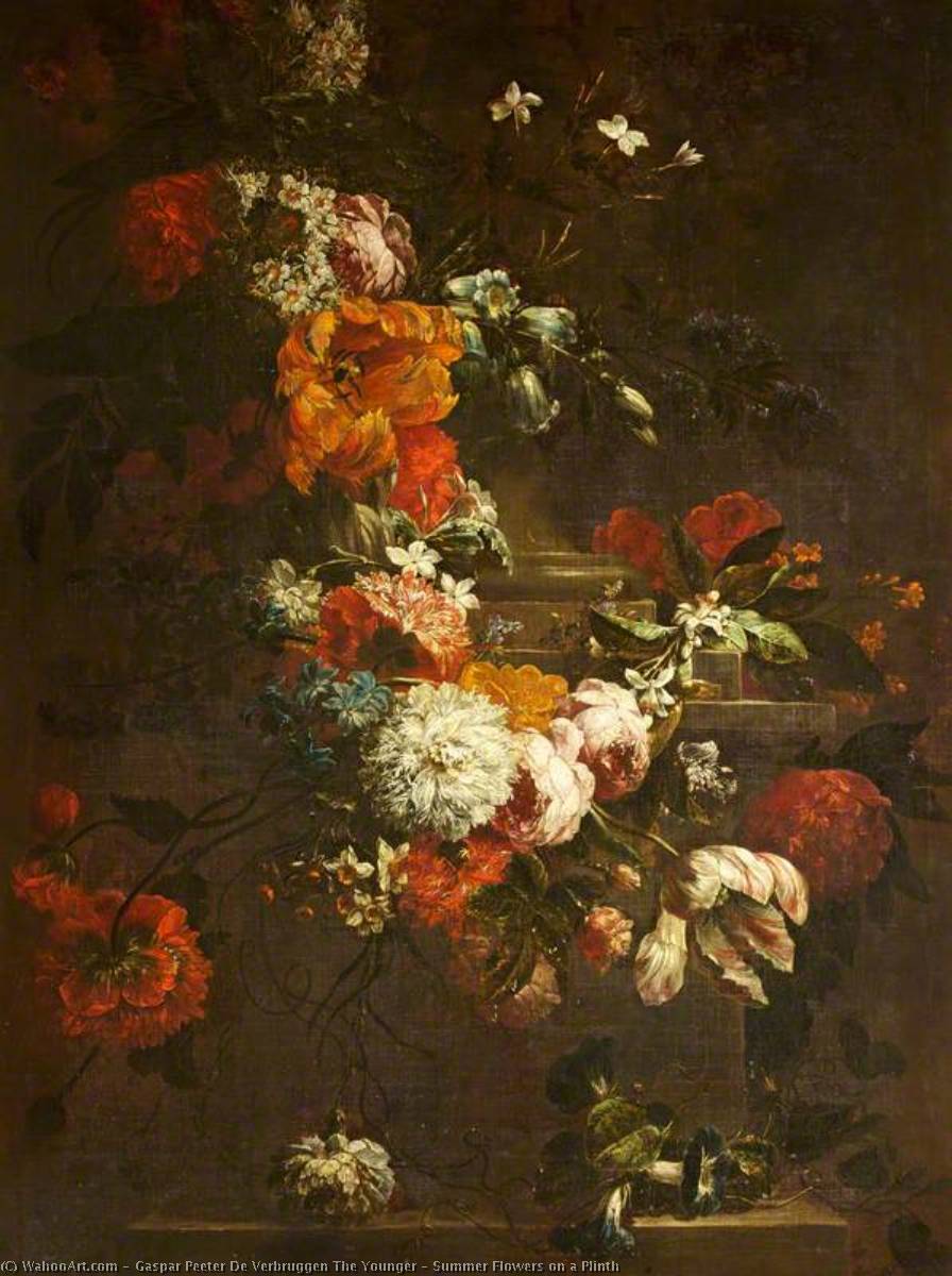 Wikioo.org - The Encyclopedia of Fine Arts - Painting, Artwork by Gaspar Peeter De Verbruggen The Younger - Summer Flowers on a Plinth
