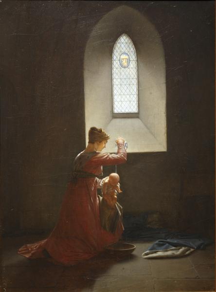 Wikioo.org - The Encyclopedia of Fine Arts - Painting, Artwork by Jean Baptiste Mallet - Geneviève de Brabant dans sa prison baptisant son fils