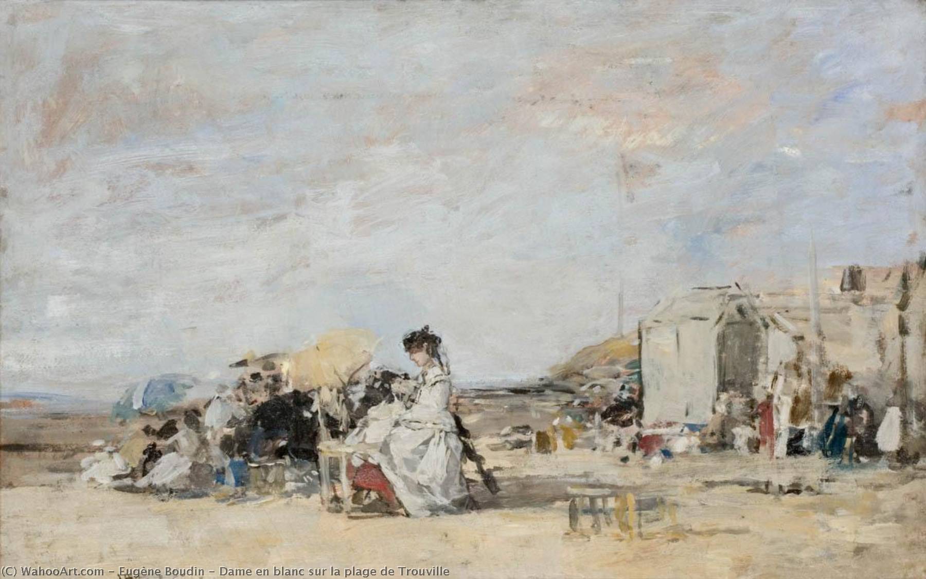 Wikioo.org - The Encyclopedia of Fine Arts - Painting, Artwork by Eugène Louis Boudin - Dame en blanc sur la plage de Trouville