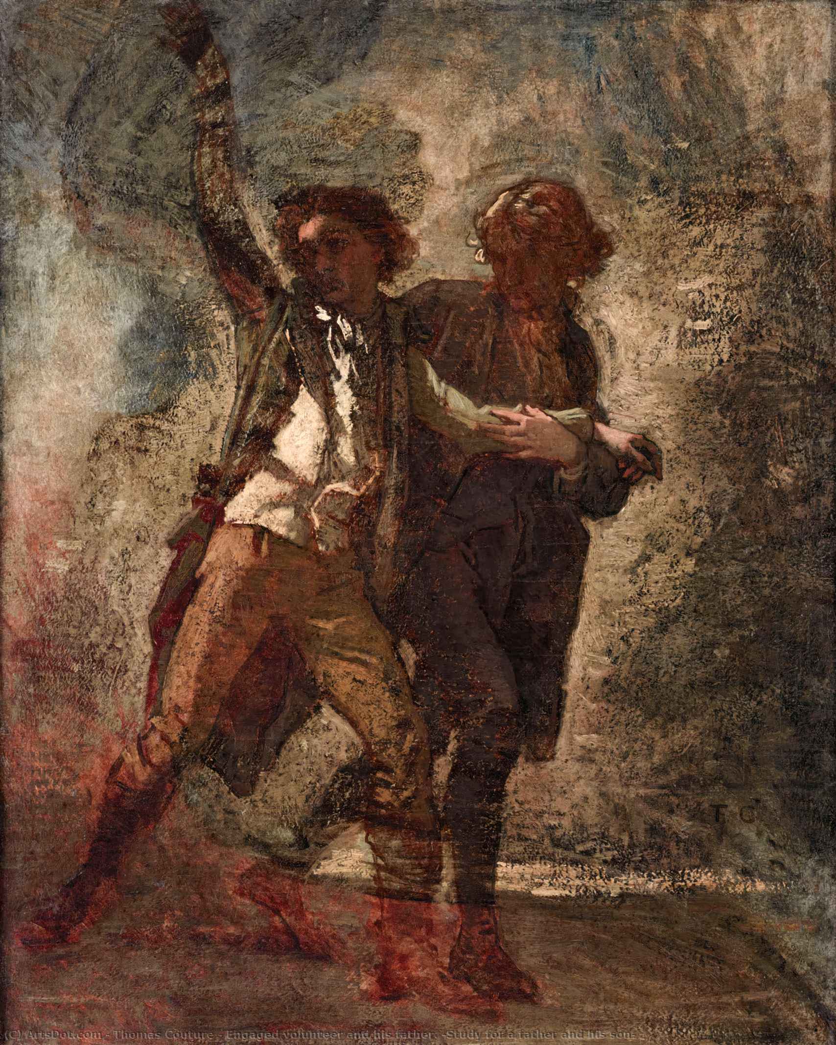Wikioo.org - The Encyclopedia of Fine Arts - Painting, Artwork by Thomas Couture - Engaged volunteer and his father. (Study for a father and his son)