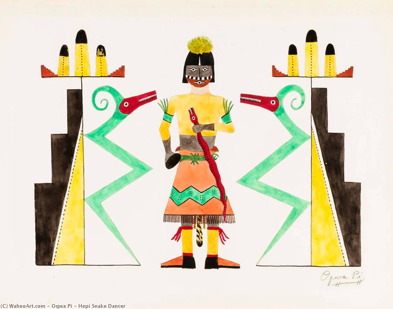 Wikioo.org - The Encyclopedia of Fine Arts - Painting, Artwork by Oqwa Pi - Hopi Snake Dancer
