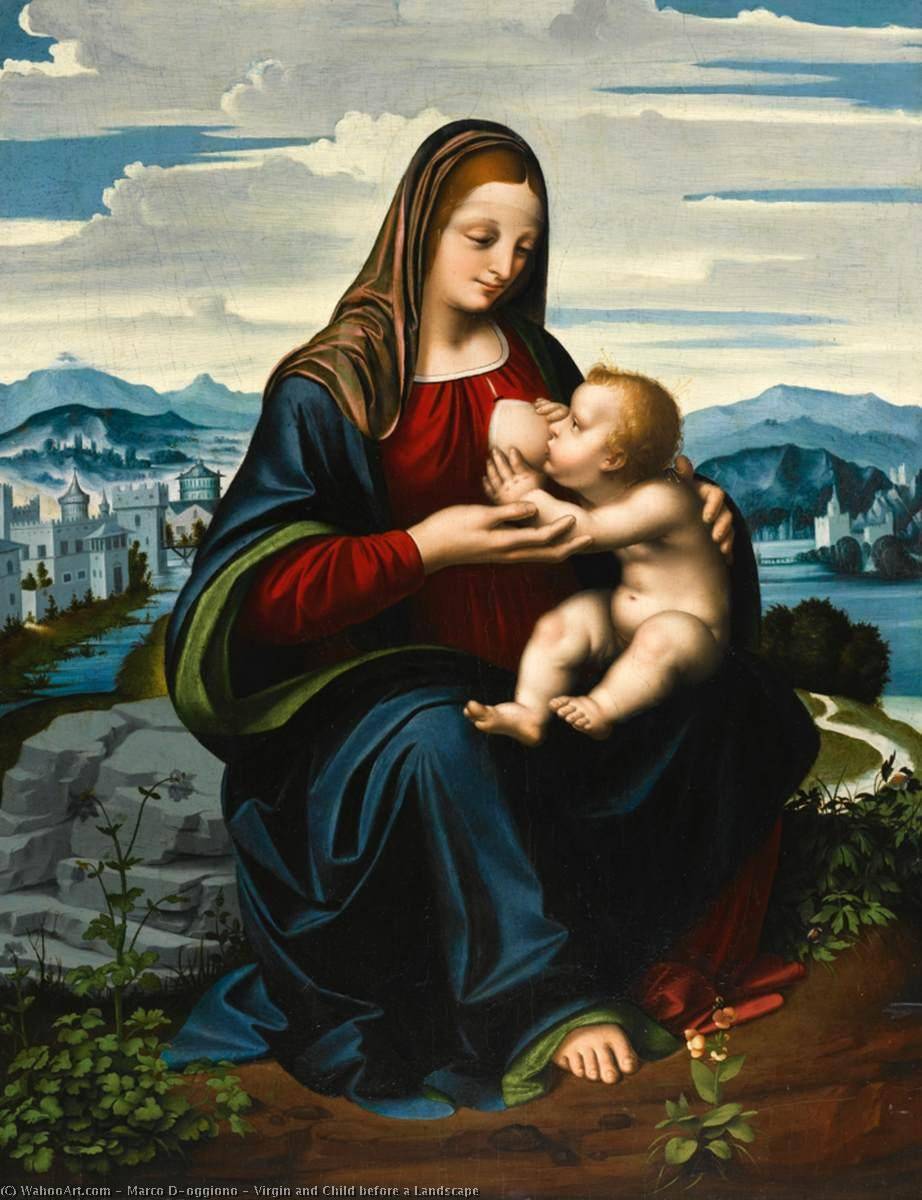Wikioo.org - The Encyclopedia of Fine Arts - Painting, Artwork by Marco D' Oggiono - Virgin and Child before a Landscape