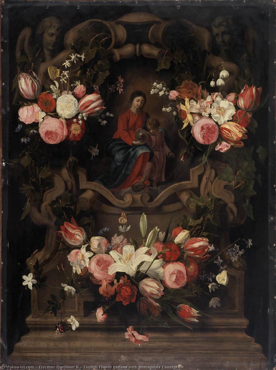 Wikioo.org - The Encyclopedia of Fine Arts - Painting, Artwork by Erasmus Ii Quellinus - English Flower garland with Immaculate Conception