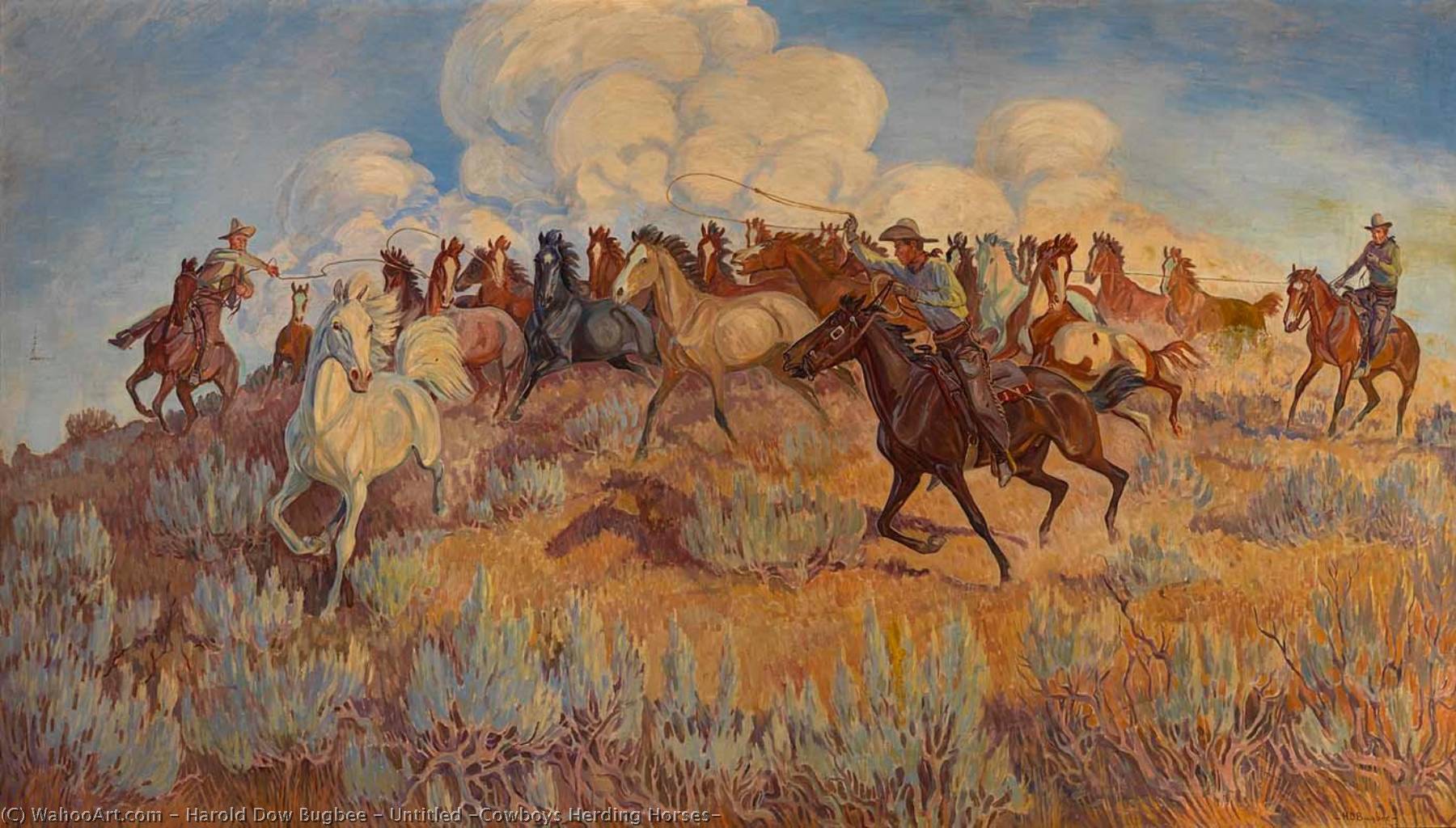 Wikioo.org - The Encyclopedia of Fine Arts - Painting, Artwork by Harold Dow Bugbee - Untitled (Cowboys Herding Horses)