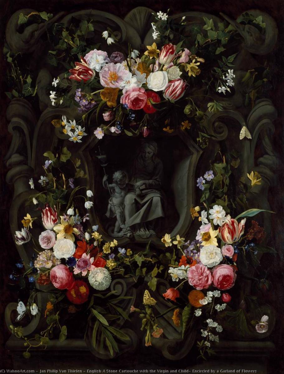 Wikioo.org - The Encyclopedia of Fine Arts - Painting, Artwork by Jan Philip Van Thielen - English A Stone Cartouche with the Virgin and Child, Encircled by a Garland of Flowers