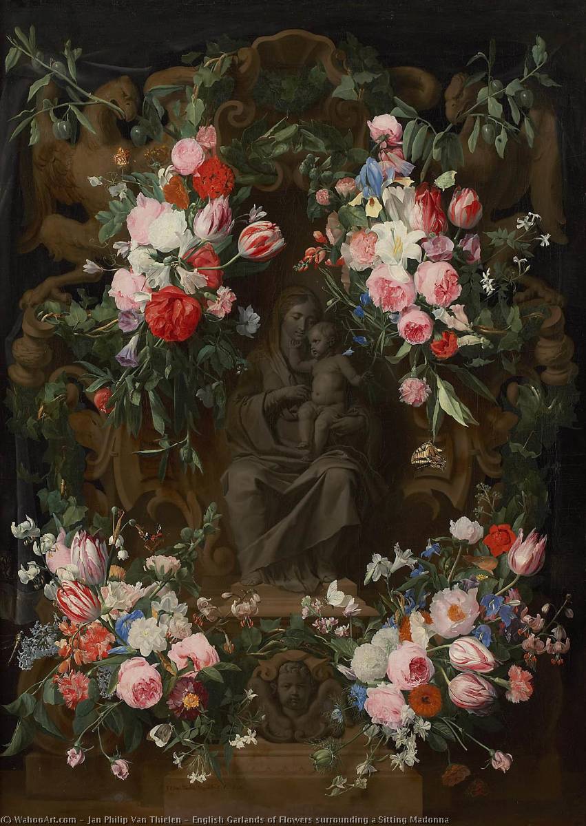 Wikioo.org - The Encyclopedia of Fine Arts - Painting, Artwork by Jan Philip Van Thielen - English Garlands of Flowers surrounding a Sitting Madonna