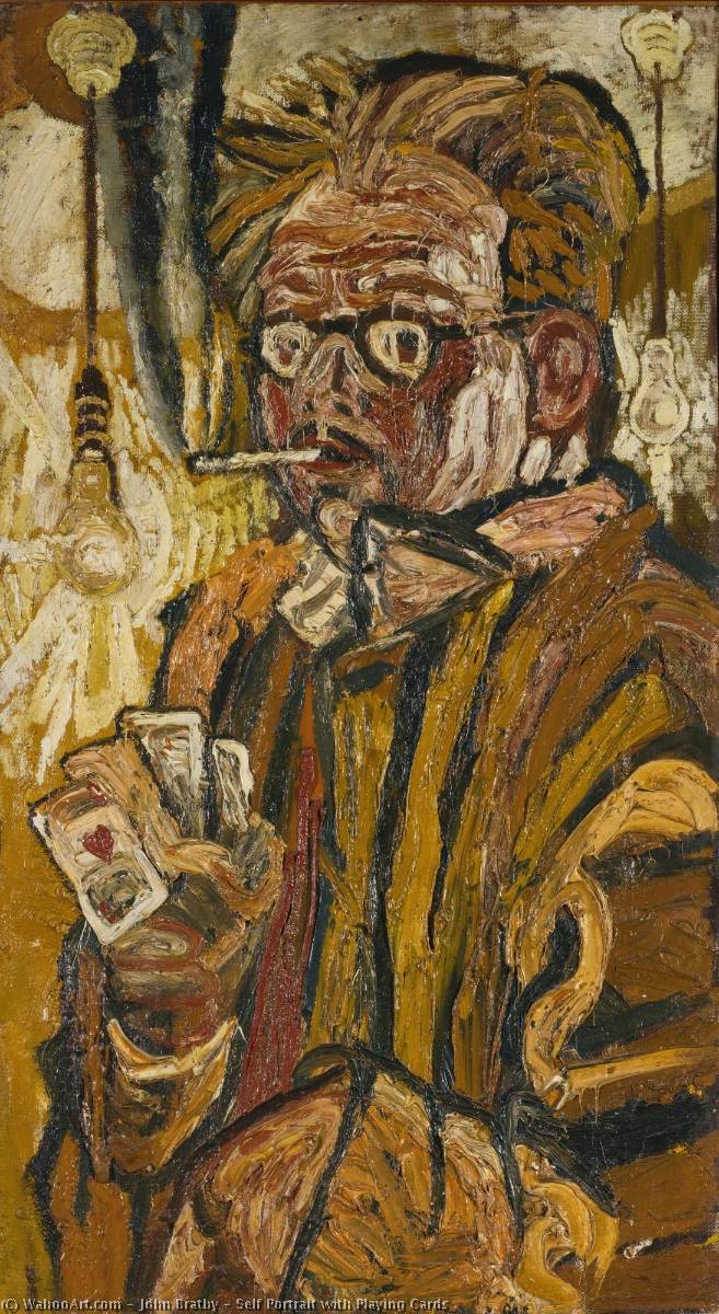 Wikioo.org - The Encyclopedia of Fine Arts - Painting, Artwork by John Randall Bratby - Self Portrait with Playing Cards