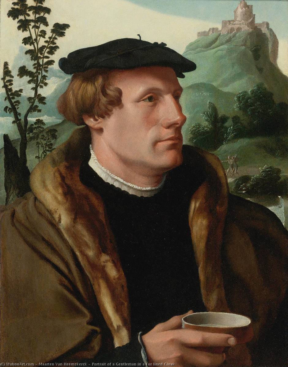 Wikioo.org - The Encyclopedia of Fine Arts - Painting, Artwork by Maarten Van Heemskerck - Portrait of a Gentleman in a Fur lined Cloak