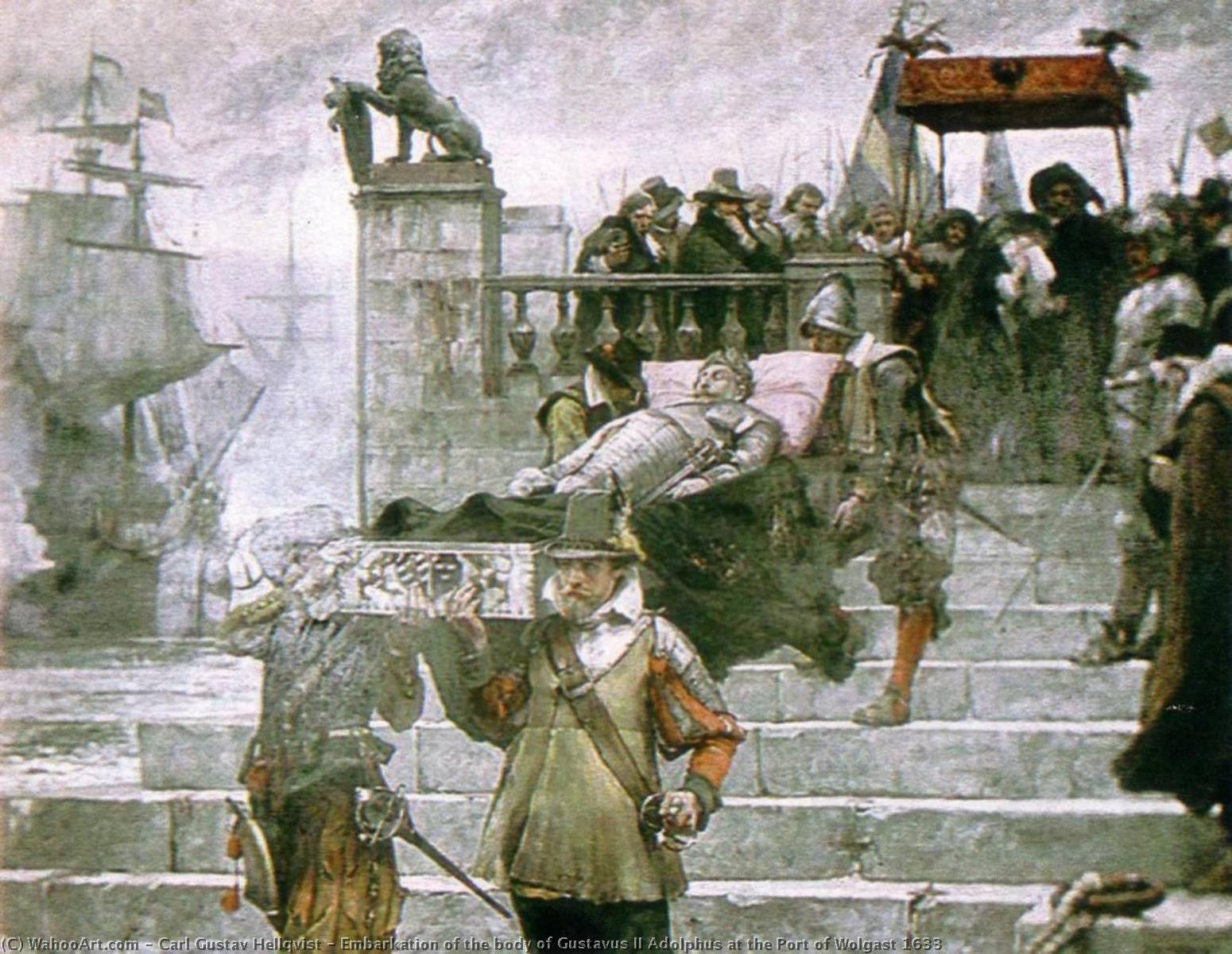 WikiOO.org - Enciclopedia of Fine Arts - Pictura, lucrări de artă Carl Gustav Hellqvist - Embarkation of the body of Gustavus II Adolphus at the Port of Wolgast 1633