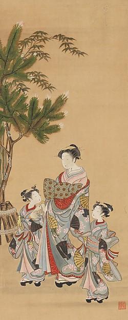 Wikioo.org - The Encyclopedia of Fine Arts - Painting, Artwork by Isoda Koryūsai - Courtesan and Two Attendants on New Year's Day