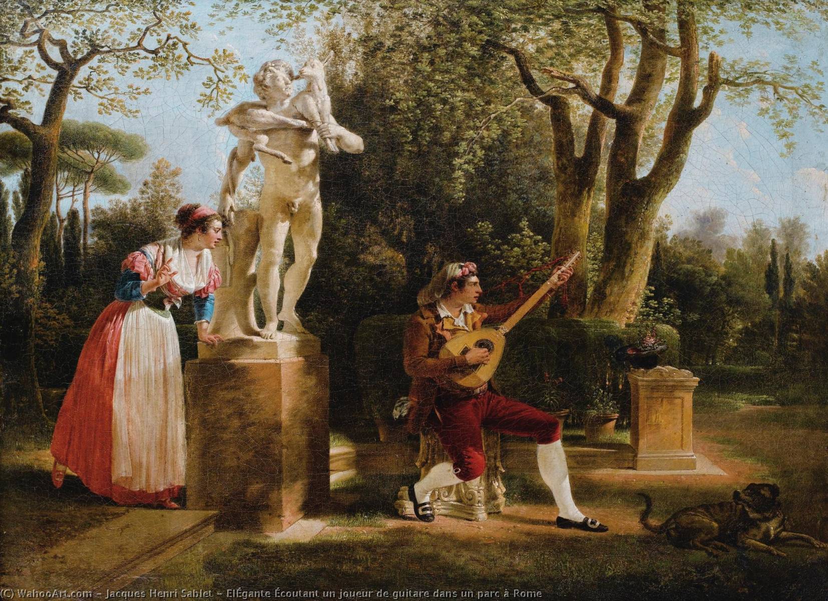 Wikioo.org - The Encyclopedia of Fine Arts - Painting, Artwork by Jacques Henri Sablet - ElÉgante Écoutant un joueur de guitare dans un parc à Rome