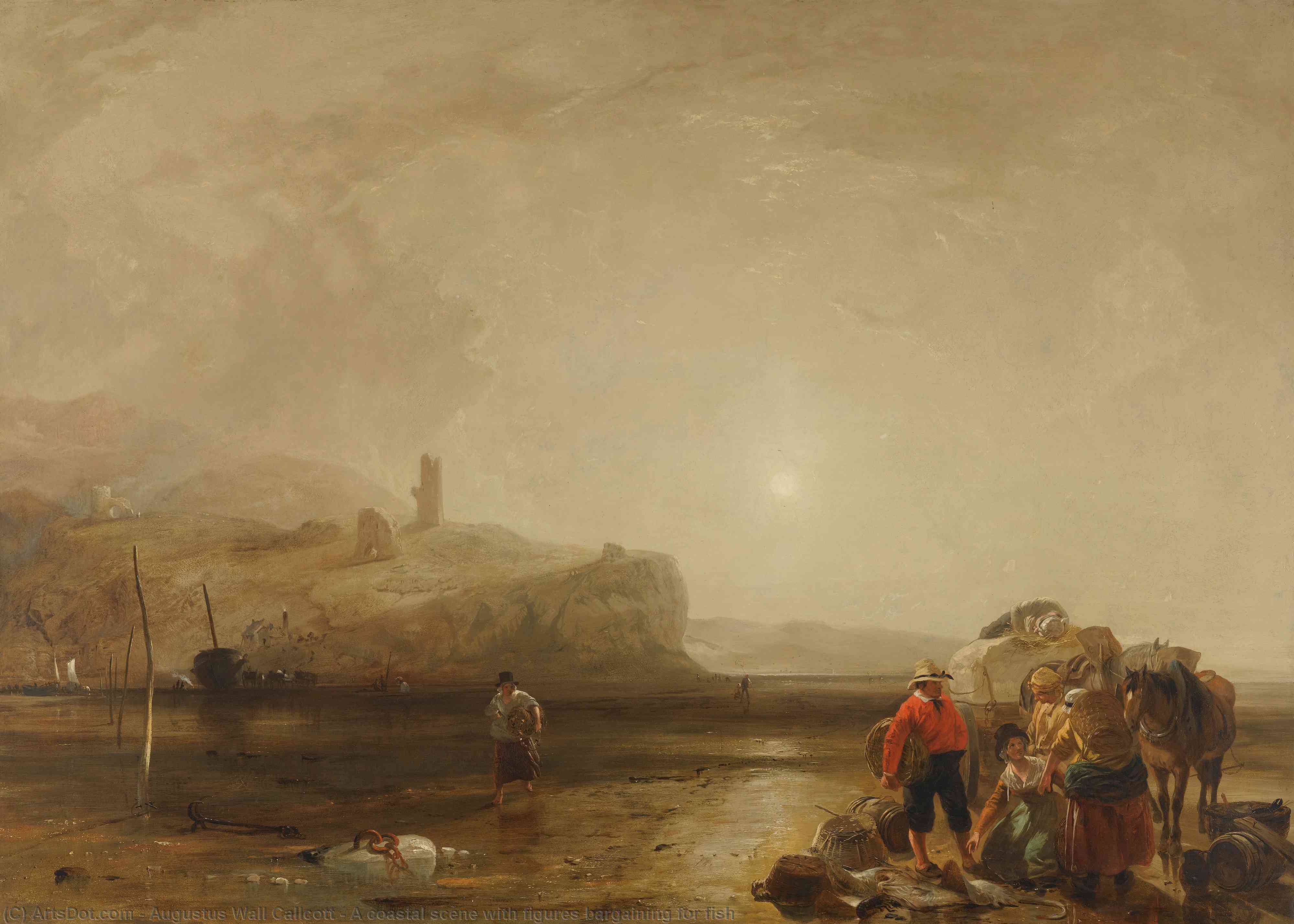 Wikioo.org - The Encyclopedia of Fine Arts - Painting, Artwork by Augustus Wall Callcott - A coastal scene with figures bargaining for fish