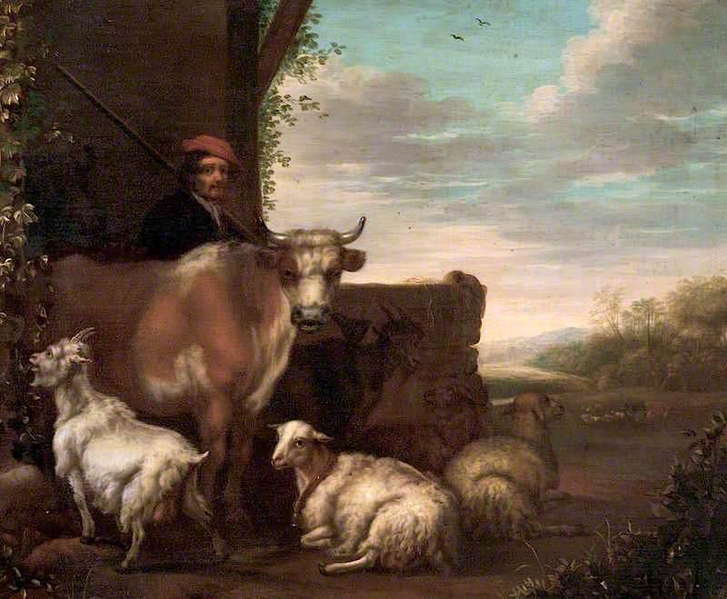 Wikioo.org - The Encyclopedia of Fine Arts - Painting, Artwork by Govert Dircksz Camphuysen - A Herdsman with Cattle, Sheep and Goats