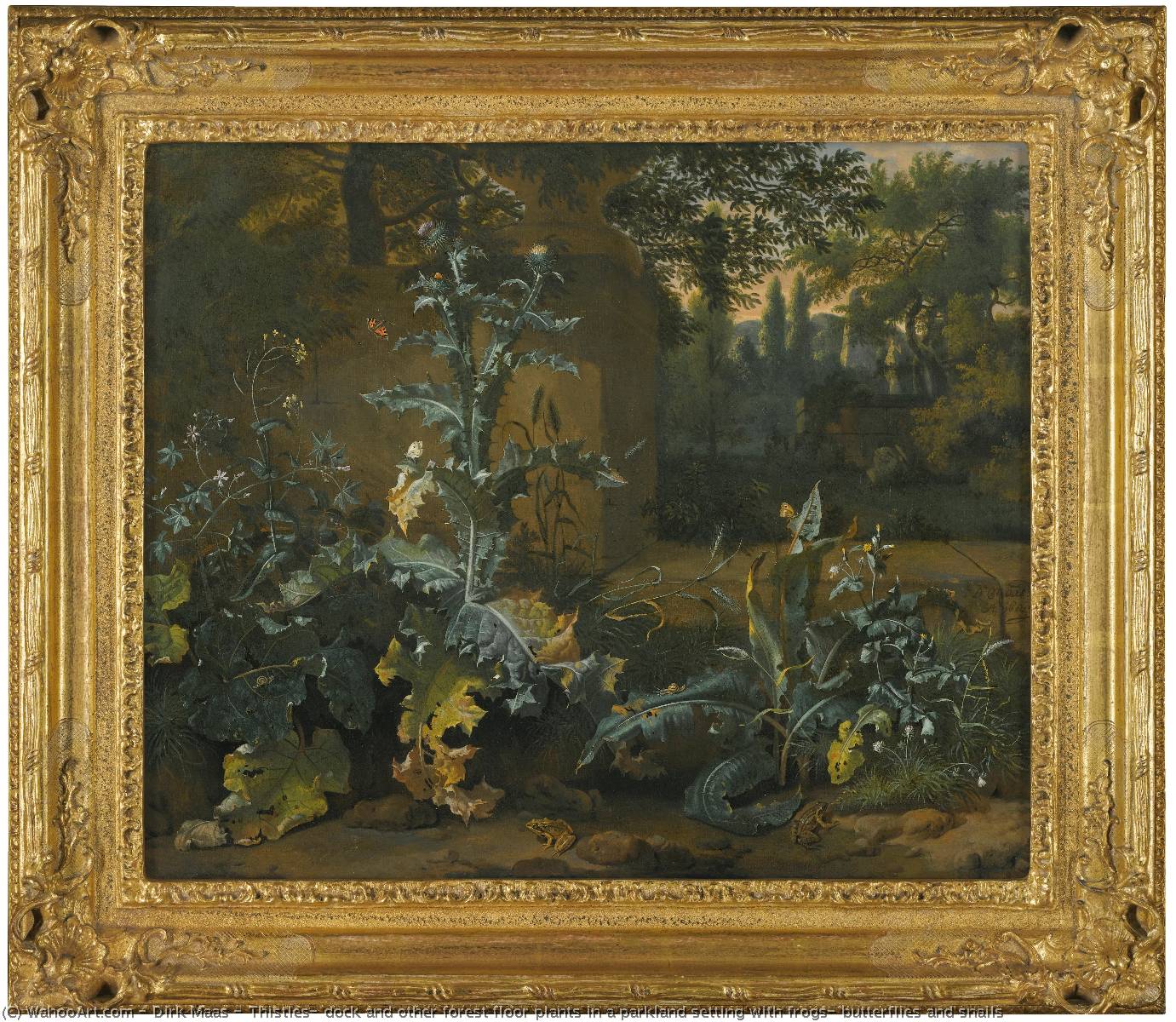 Wikioo.org - The Encyclopedia of Fine Arts - Painting, Artwork by Dirk Maas - Thistles, dock and other forest floor plants in a parkland setting with frogs, butterflies and snails