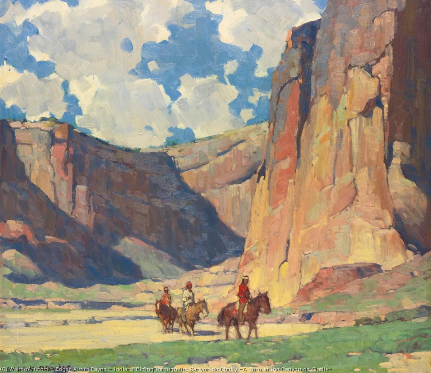Wikioo.org - The Encyclopedia of Fine Arts - Painting, Artwork by Edgar Alwin Payne - Indians Riding through the Canyon de Chelly (A Turn in the Canyon de Chelly)