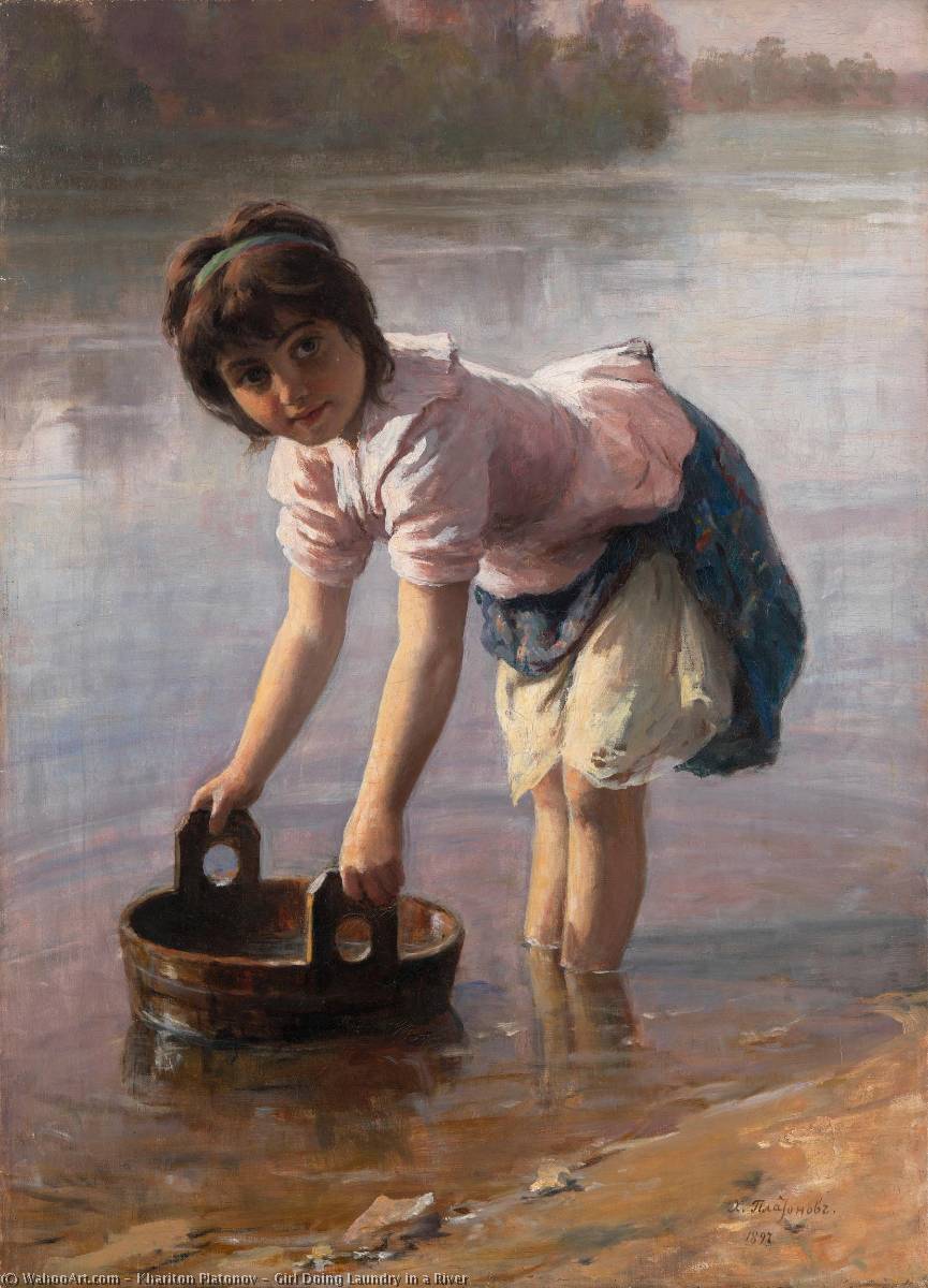 Wikioo.org - The Encyclopedia of Fine Arts - Painting, Artwork by Khariton Platonov - Girl Doing Laundry in a River