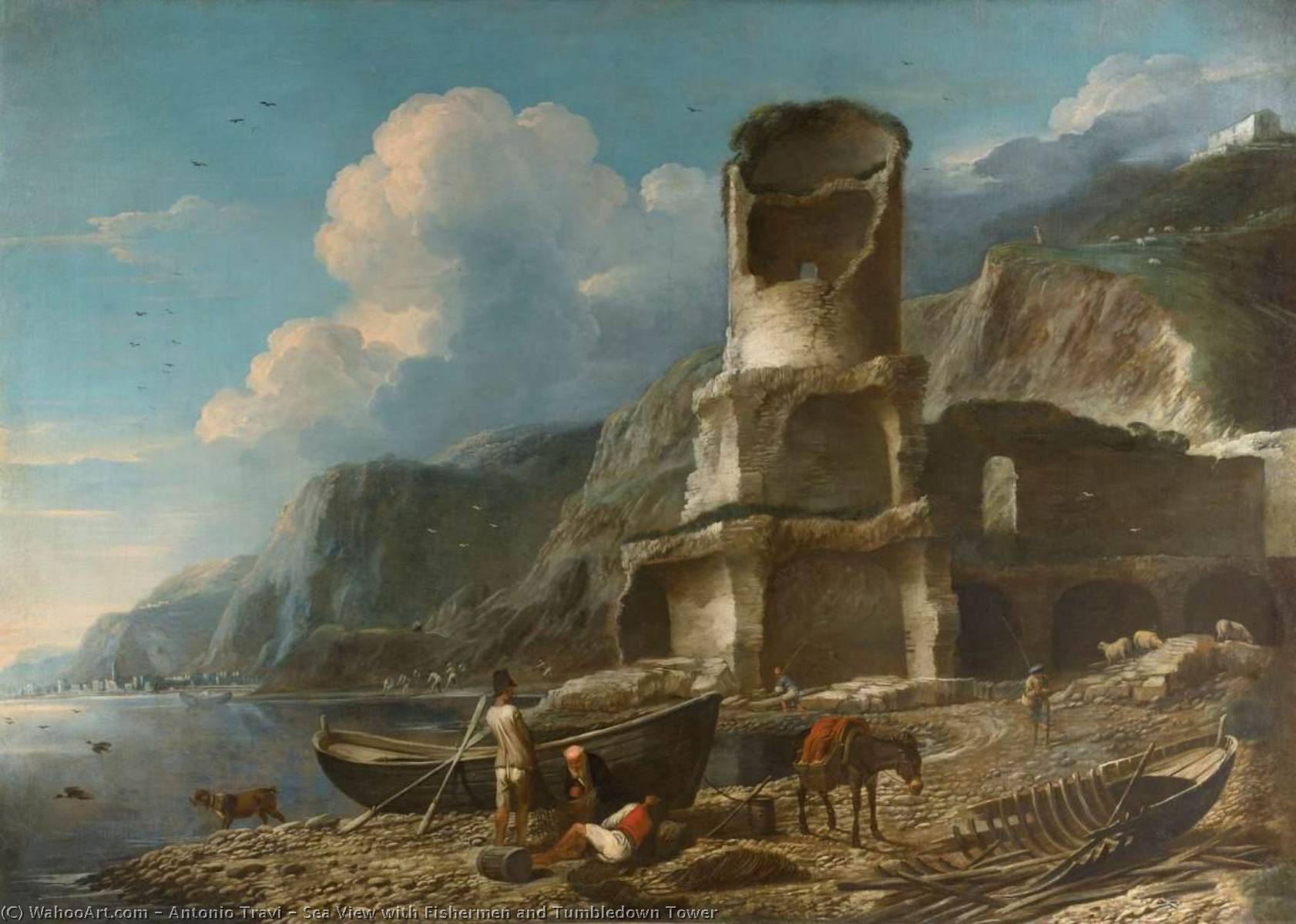Wikioo.org - The Encyclopedia of Fine Arts - Painting, Artwork by Antonio Travi - Sea View with Fishermen and Tumbledown Tower