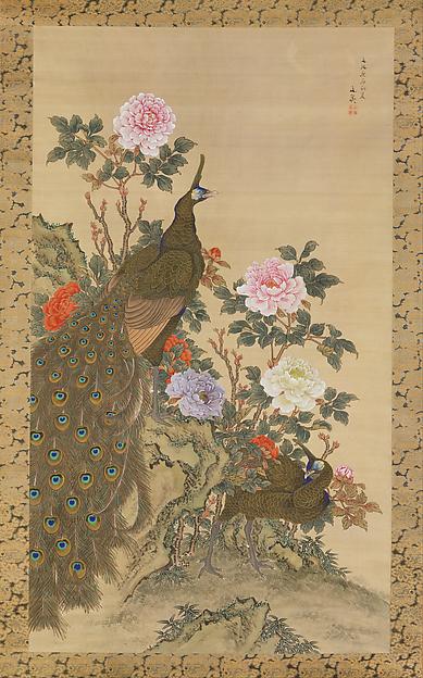 Wikoo.org - موسوعة الفنون الجميلة - اللوحة، العمل الفني Tani Bunchō - 牡丹に孔雀図 Peacocks and Peonies