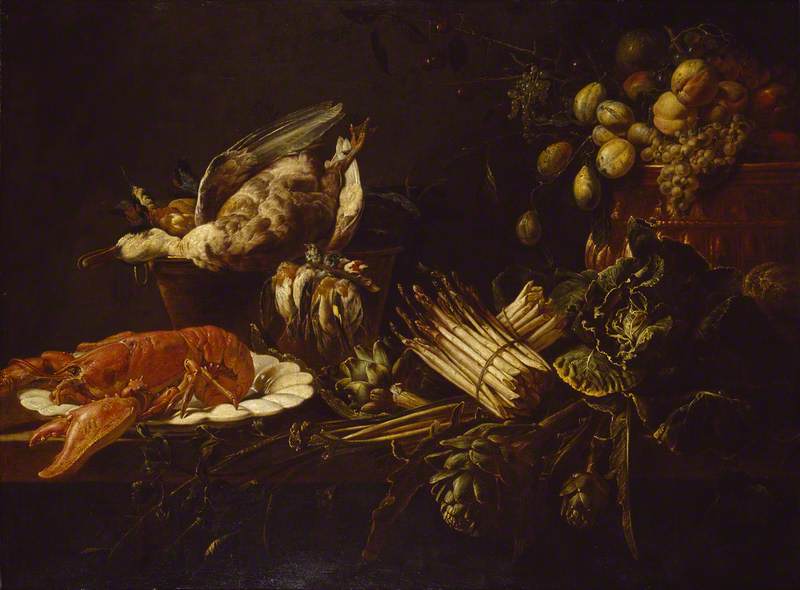 Wikioo.org - The Encyclopedia of Fine Arts - Painting, Artwork by Adriaen Van Utrecht - Still Life of a Lobster, Vegetables, Fruit, and Game